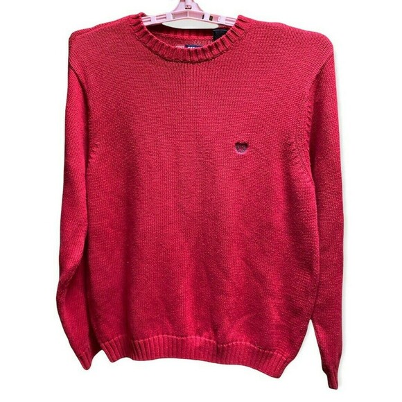 Chaps Red 100% Cotton Crew Neck Pullover Sweater Crest Logo Holiday Long Sleeve - Picture 1 of 4